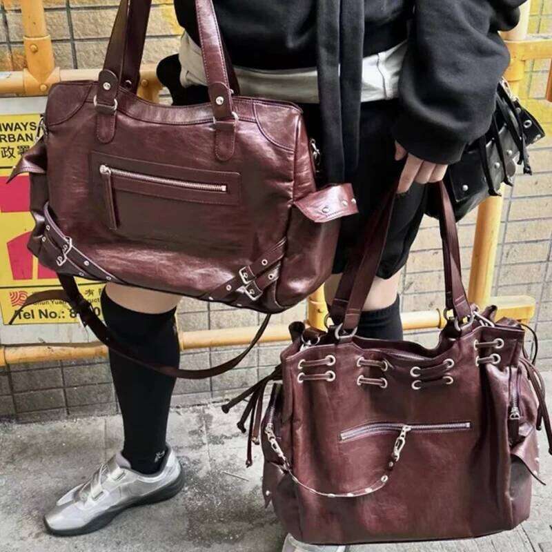 SHELKSBAG Y2k Style Studded String Large Capacity Handbags Woman Pu Leather Shoulder Bag Cool Girl Purse Streetwear Tote Bags XJ260306