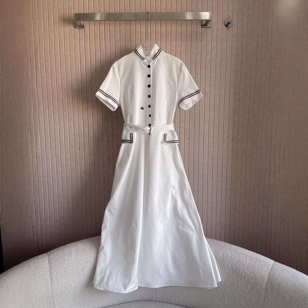 2026 Spring and Summer New Designer Fashion Women's Casual Ribbed Collar Women's Short sleeved Dress with Belt