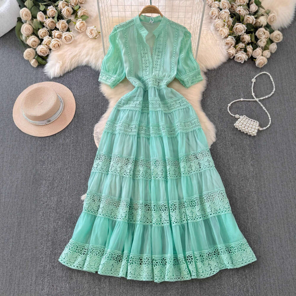 2026 French Spring/Summer Elegant Women's Dress, Unique Hollow Lace Splicing Bubble Sleeve Long Dress