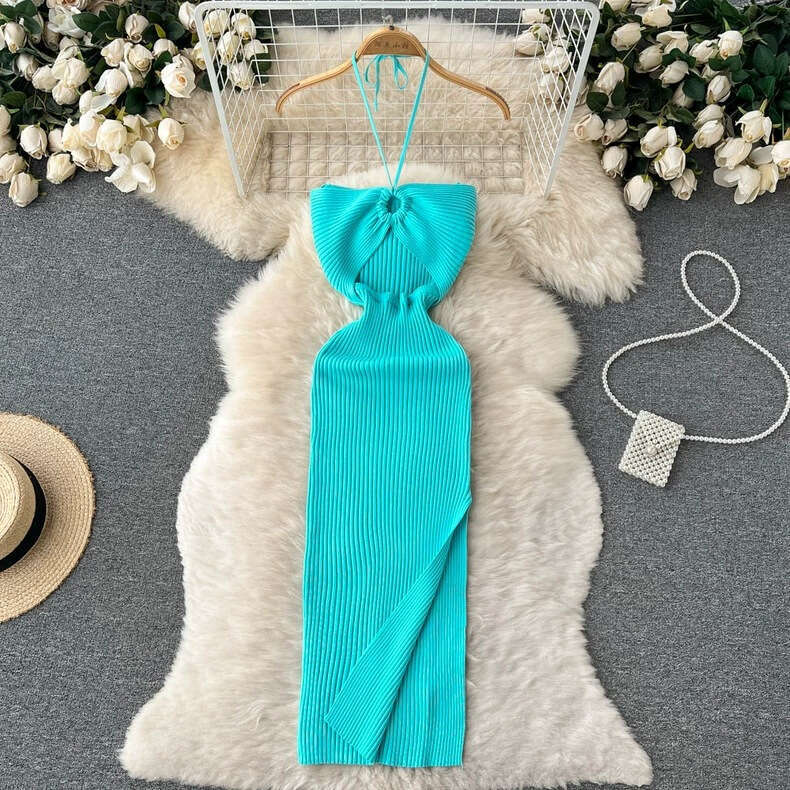 2026 high-end knitted asymmetrical collar women's clothing summer light and luxurious slit designer pure and tempting