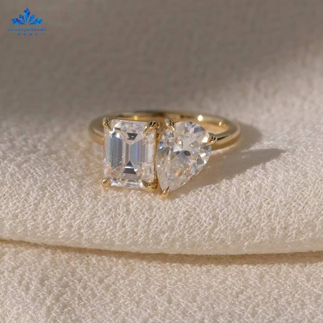 Toi Et Moi Emerald Cut 7x9mm and Pear Cut 7x10mm Engagement Ring 14k Yellow Gold Moissanite Ring With GRA Certificate