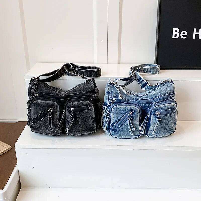 Women's Large Capacity Casual Crossbody Washed Denim Mailman Style Trendy Single Shoulder Bag Versatile XJ260306