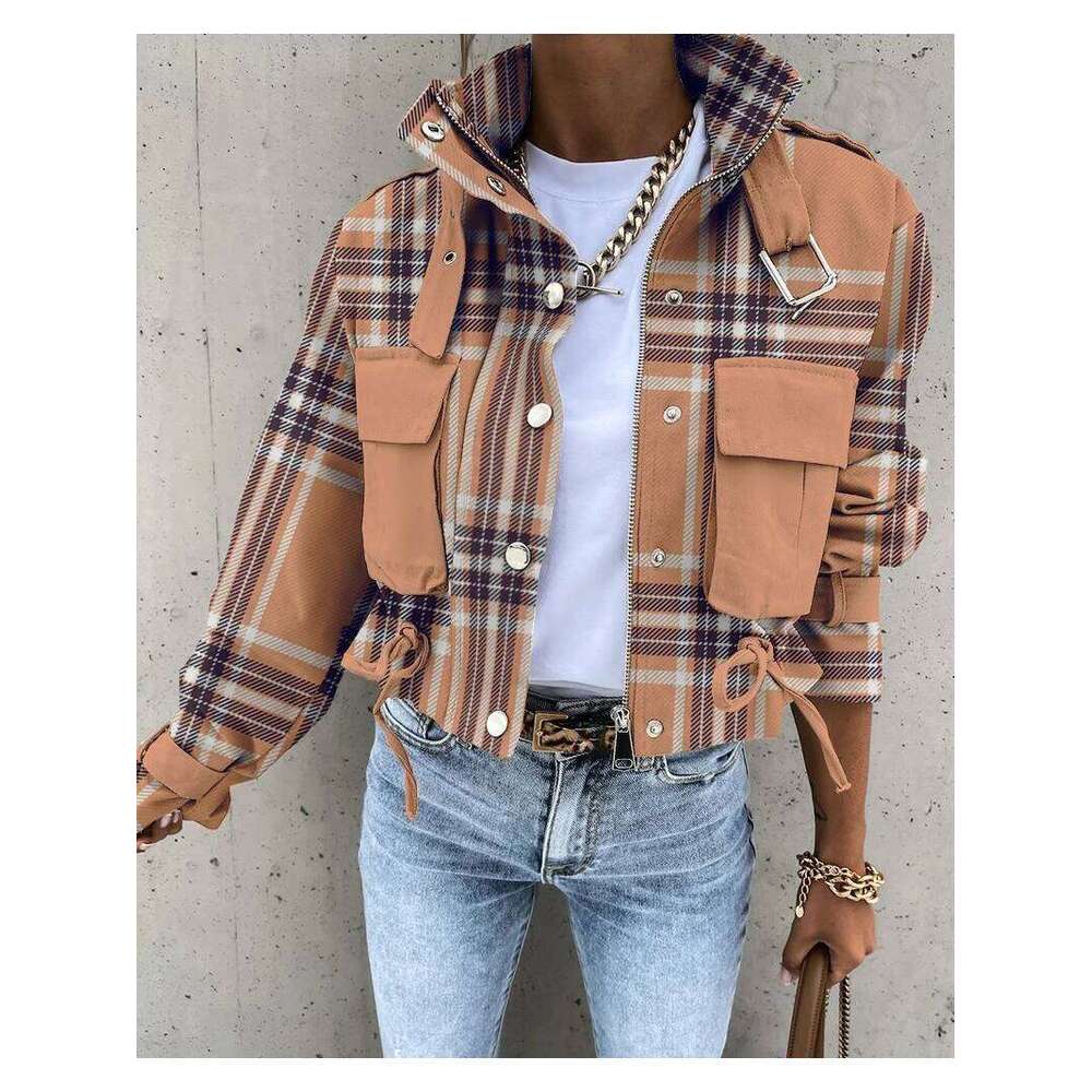 Woman Jacket Clothing Streetwear Autumn &Winter Elegant Slim Round Neck Solid Pocket Button Long Sleeve Workwear Coats AKIKIYU