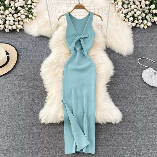2026 spring and summer new sexy vest slim fit backless sleeveless mid length slit knit tight fitting dress