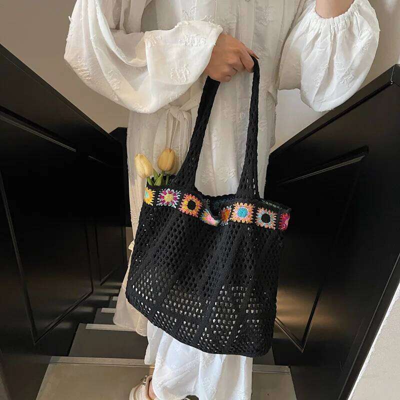 Bohemian Handmade Beach Tote Colorful Beads Floral Trim Natural Straw Crochet Shoulder Women Casual Bag for Travel XJ260306