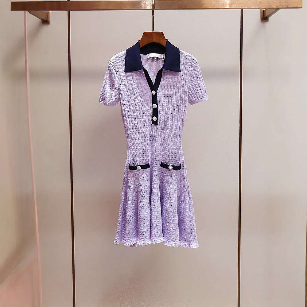2026 Spring and Summer New Style Elegant Contrastive Color Collar Waist Hollow Short Sleeve Knitted A-line Dress