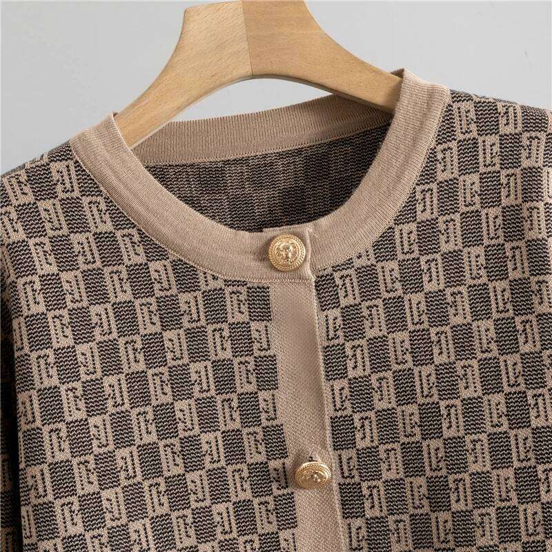 Vintage Checkered Knit 3 Piece Set - V Neck Vest, Cardigan & Wide Leg Pants - Elegant Office Lady Matching Outfit MAKOUFEI