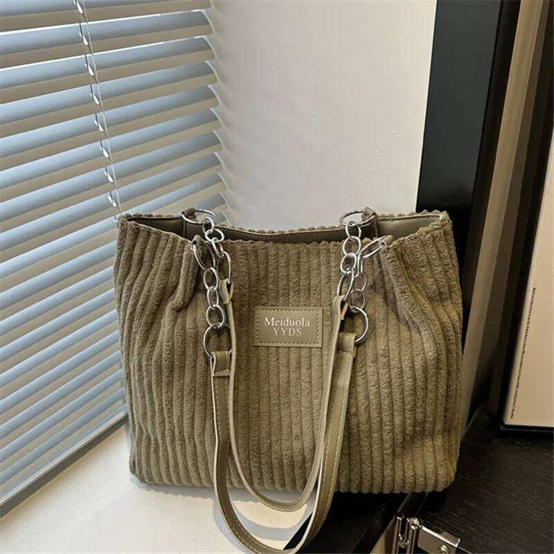 Chic Corduroy Tote Spacious Trend Chain & Leather Accents Handbag for Women Shoulder Shopping Bag, Suitable Daily Commute XJ260306