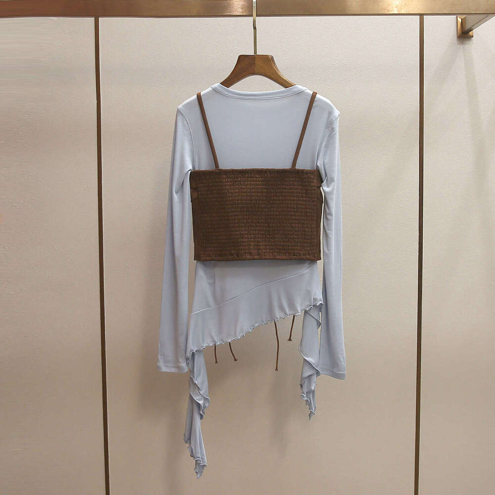 2026 designer high-end women's clothing spring new style spicy girl style retro A12 lace up ruffle edge irregular women's T-shirt set