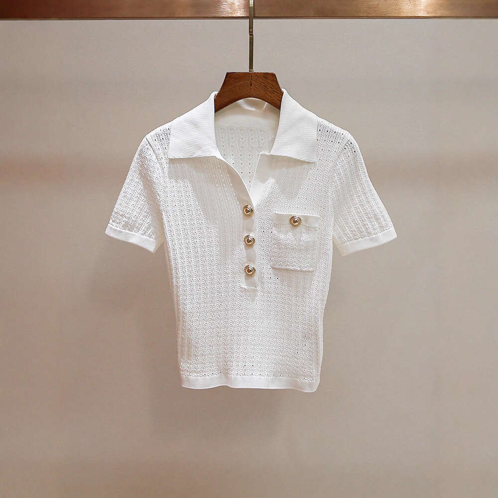 2026 Summer Age Reducing Multi functional Crochet Hook Hollow Regular Shoulder Sleeve Flip Collar Slimming Women's Knitted Short Top