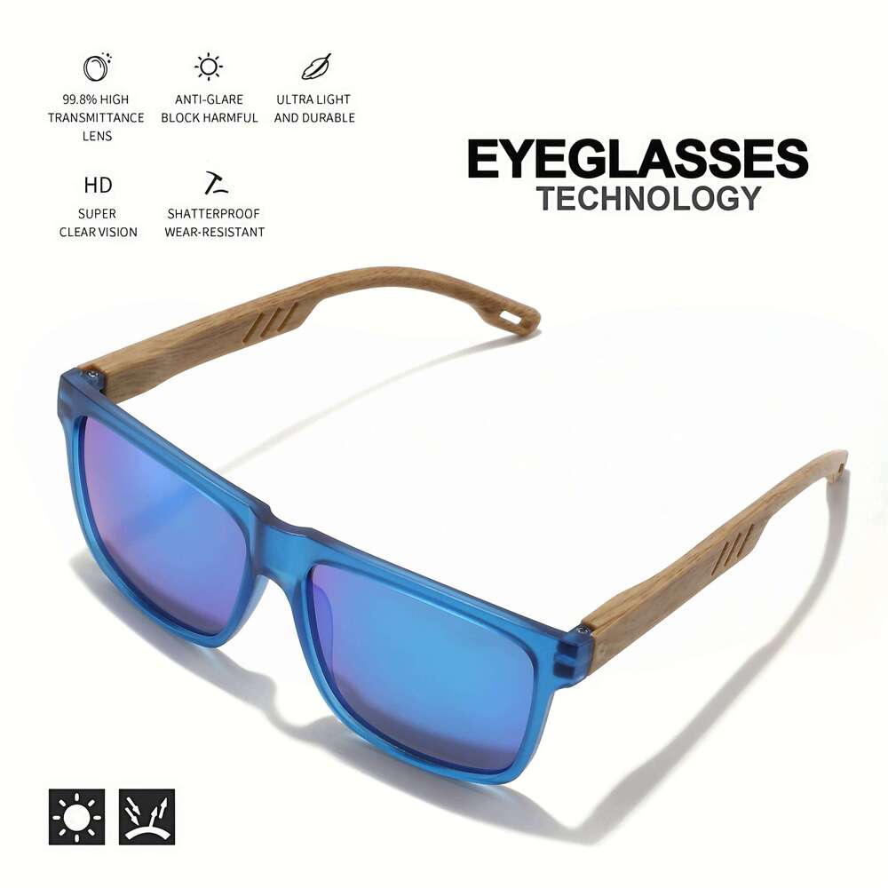 New Fashion Square Sunglasses - Wood Grain Spring Hinge, UV400 Unisex for Driving, Hiking & Travel Z260306