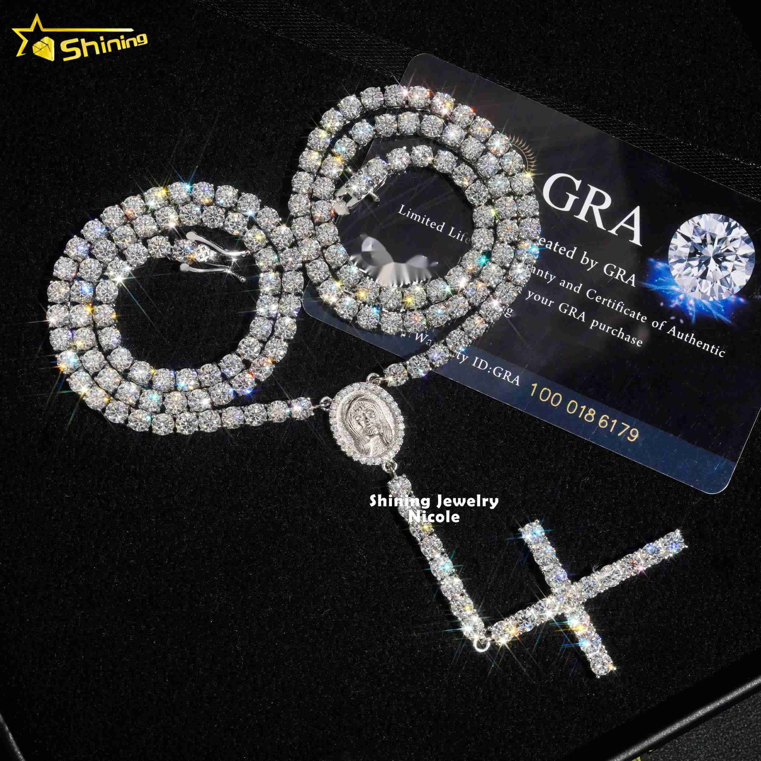 Hip Hop Fashion Trendy D VVS Moissanite Diamond 4MM Rosary Chain Cross Necklace 925 Silver Tennis Chain
