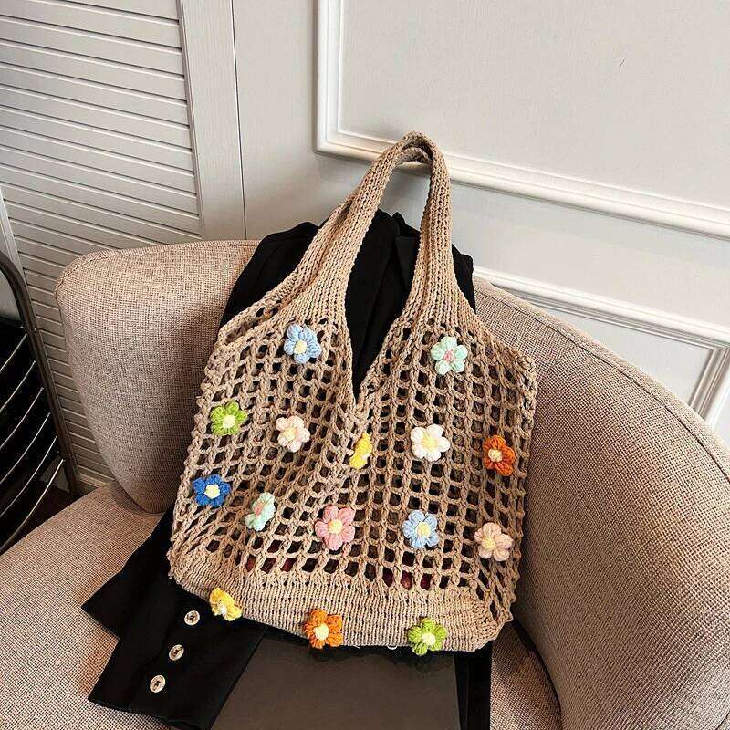 Women's Knitted Shoulder Bag Summer Pearl Handbag Ins Large Capacity Shopping Tote Woven Hollow Mesh Beach Bags Cool Girl XJ260306