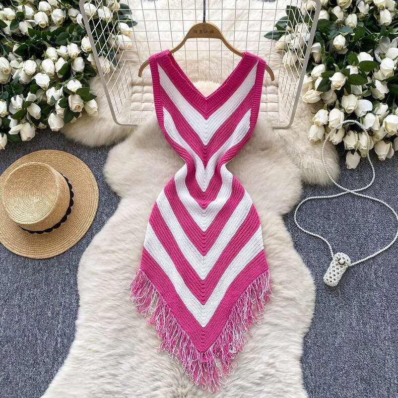 2026 European and American style sexy V-neck vacation style sleeveless striped knitted women's dress slim fit tassel