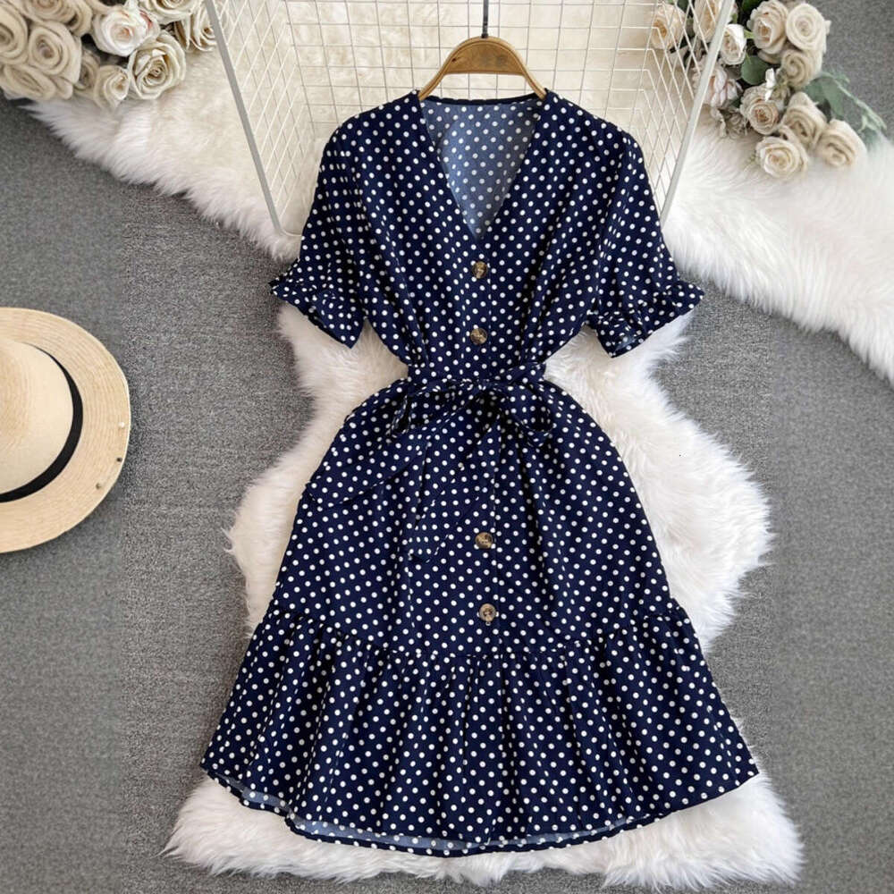 2026 Designer Elegant Women's Short sleeved V-neck Slimming Strap up Single A13 breasted A-line Folded Wave Point Dress