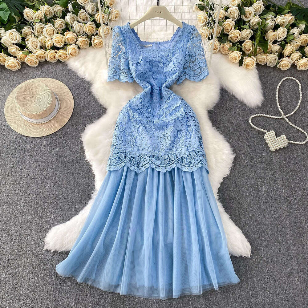 Designer Women's French Lace Square Neck 2026 Spring and Summer High end Curtain Mesh Splicing Elegant Dress