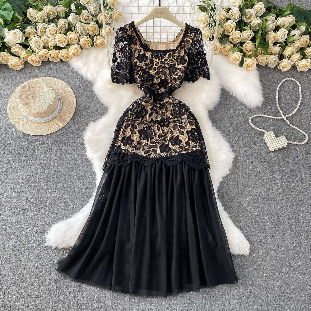 Designer Women's French Lace Square Neck 2026 Spring and Summer High end Curtain Mesh Splicing Elegant Dress