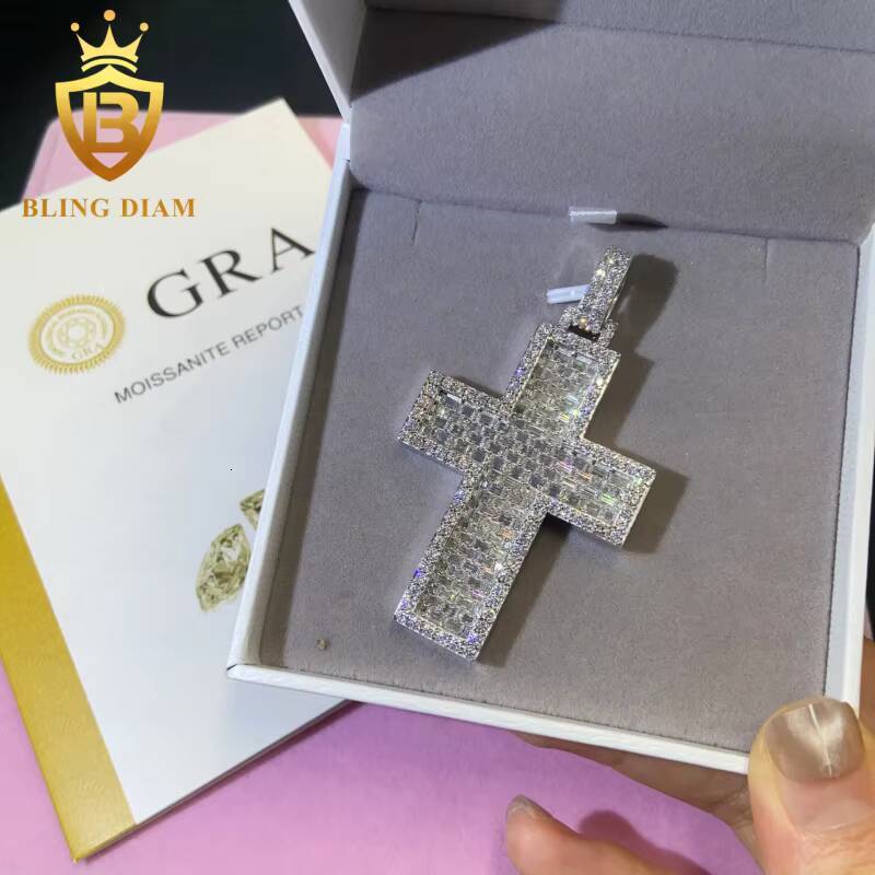 Past Diamond Test Hip Hop Style Cross Moissanite Pendant Charm Solid 925 Silver VVS Moissanite Jewelry Iced Out Cross Pendant