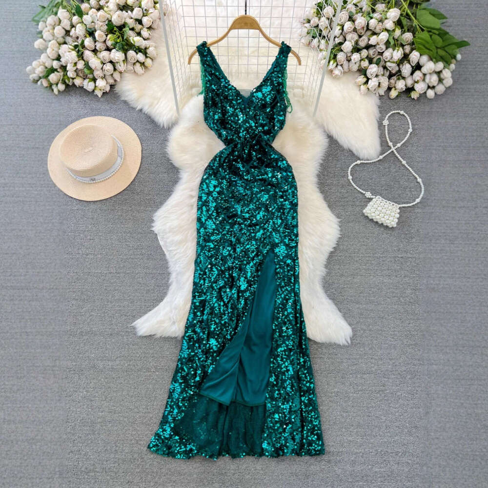 2026 Evening Dress Banquet Elegant Long Dress V-neck Waist Slimming Glitter Split and Tight Design