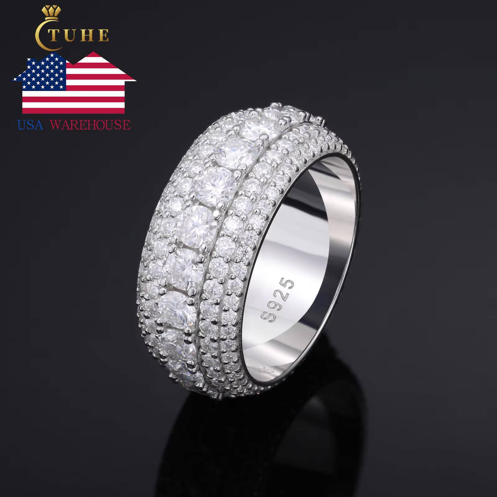 USA Warehouse Bling Fine Jewelry Gold Plated 925 Sterling Silver 5 Rows VVS Moissanite Diamond Wedding Band Ring for Men