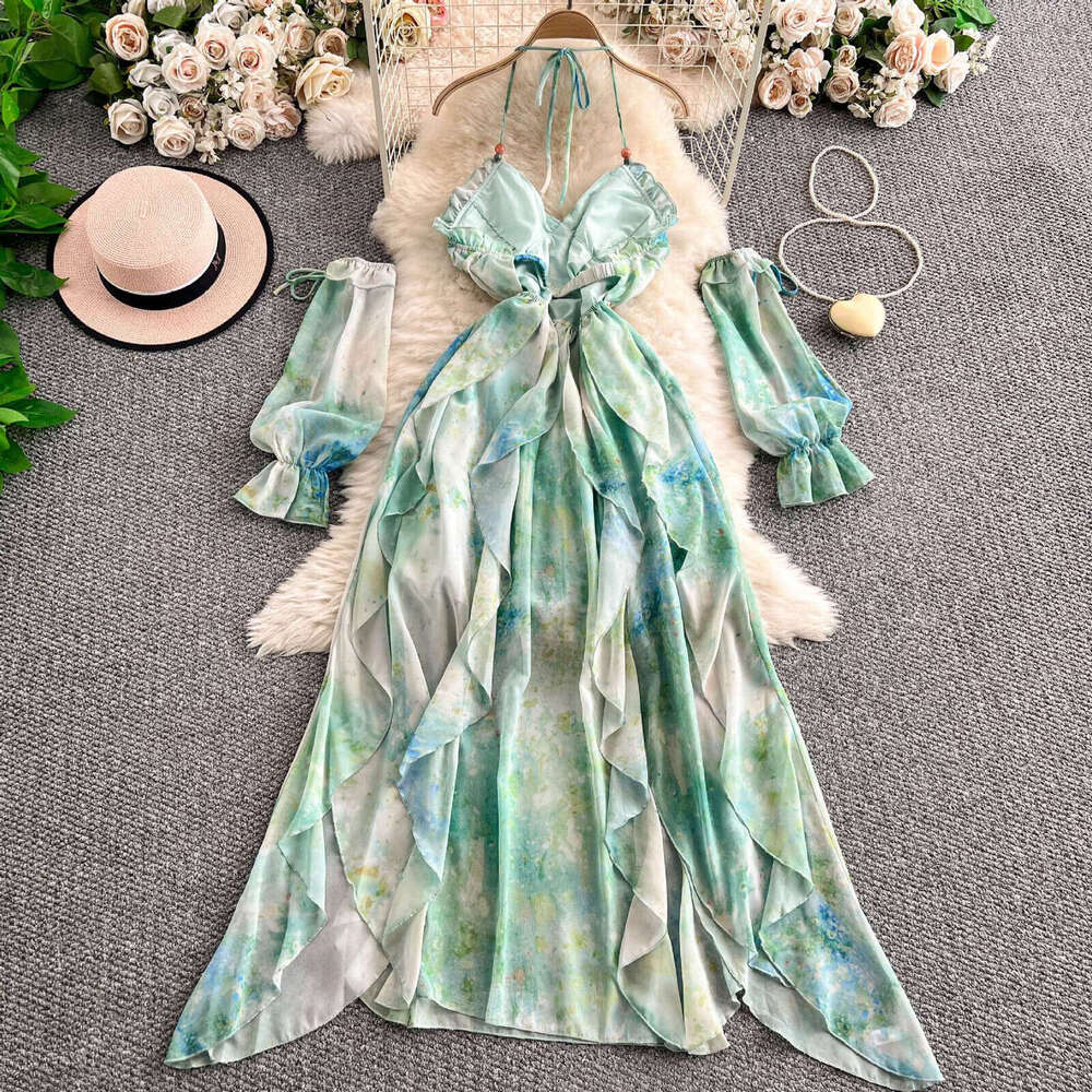Designer vacation style tie dye sleeveless sexy backless dress, elegant and charming in summer, with an asymmetrical waist like fairy