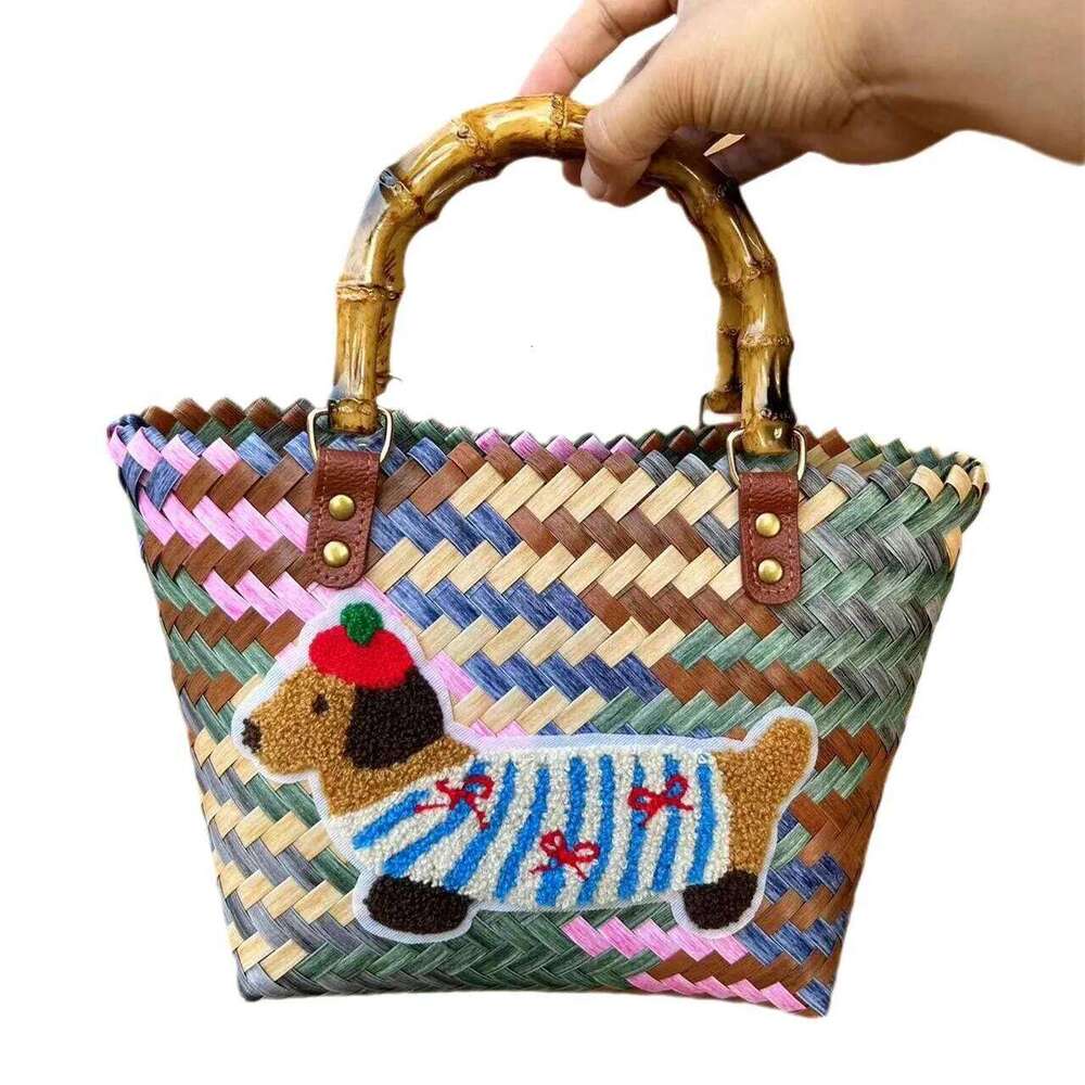 Retro Striped Dachshund Dog Woven Handbag Nylon Rope Pendant Tote Hand Women's Beach Bag XJ260306