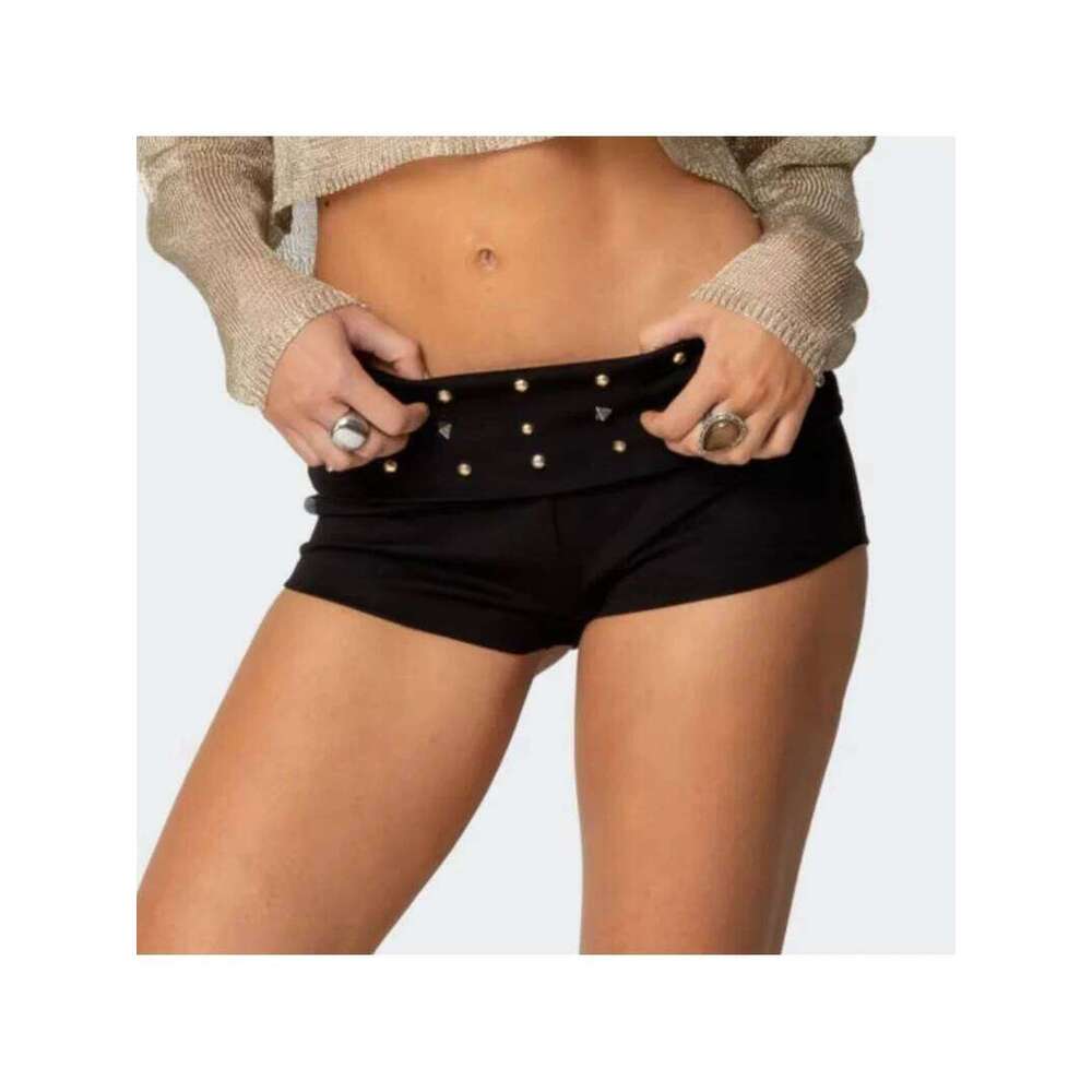 Women Y2K Low Waist Studded Fold Over Rivet Shorts Slim Fit Boxer Short Rave Mini Bottoms XJ260306