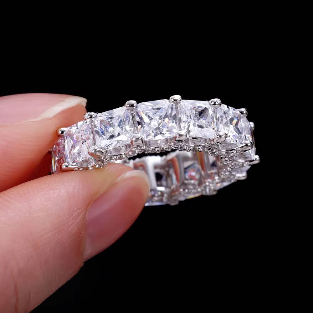 Hot 925 Sterling Silver Eternity Crown Molding Princess Cut Moissanite Gemstone Band Ring for Engagement