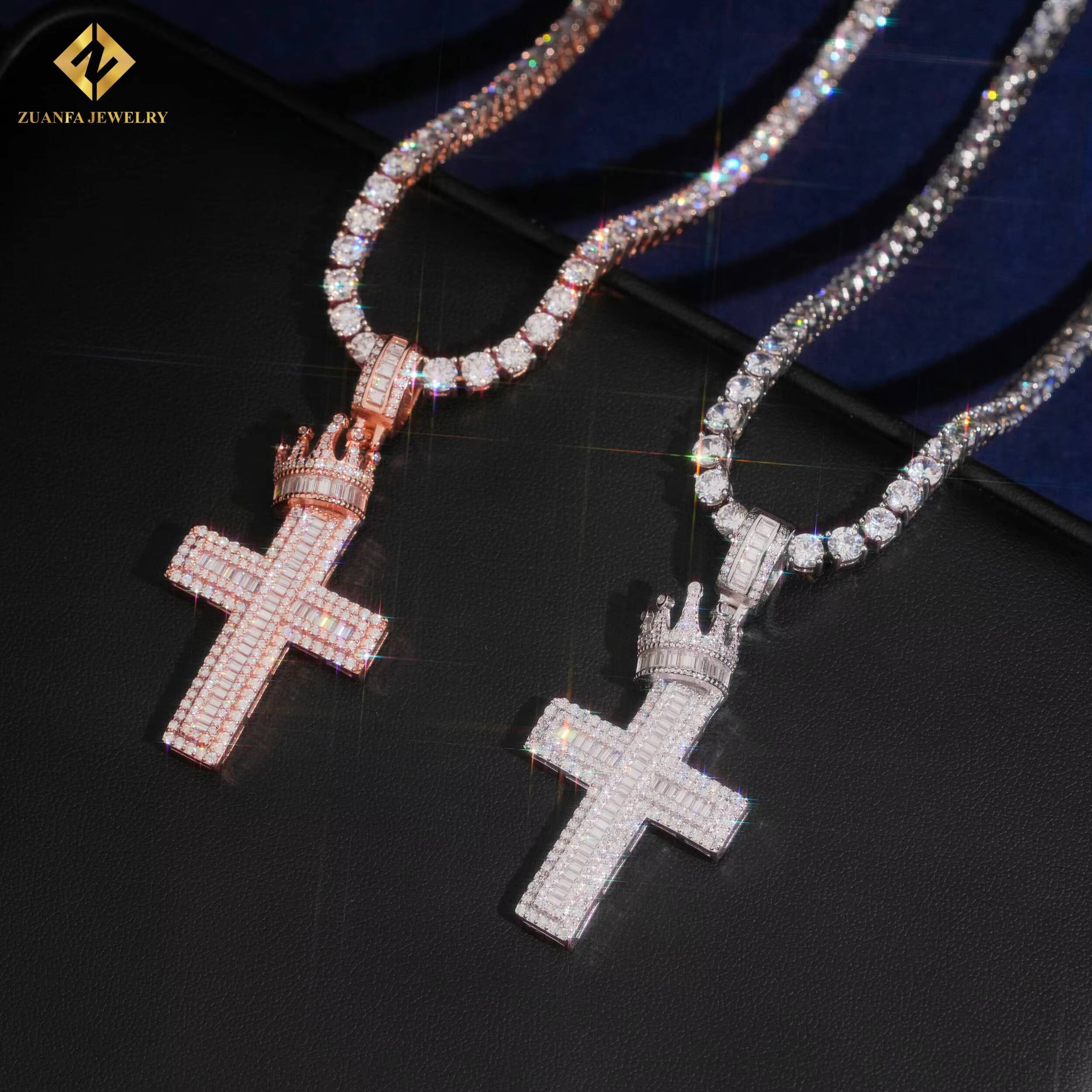 USA Warehouse VVS Moissanite Hip Hop Jewelry Cross Crown Iced Out Pendant Charm 925 Sterling Silver Moissanite Cross Pendant Men