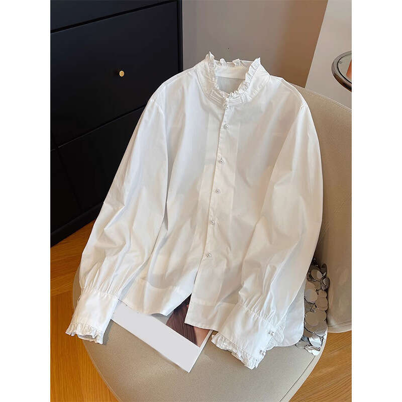 2026 designer's new c10 European style women's palace style pleated stand up collar shirt with unique creativity