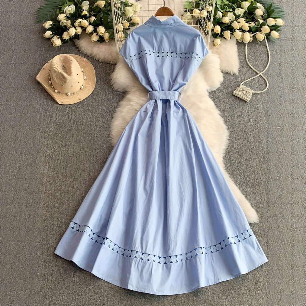 2026 Women's French Retro Style Lace Splicing Sleeveless A13 Summer Button Waist Slimming Dress with Wide Bottom