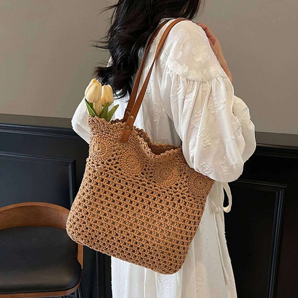 Large Capacity Tote bags for Women Woven Crochet khaki beige Beach women Shoulder Bag XJ260306