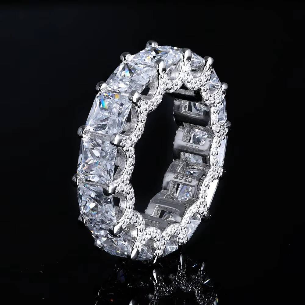 Hot 925 Sterling Silver Eternity Crown Molding Princess Cut Moissanite Gemstone Band Ring for Engagement