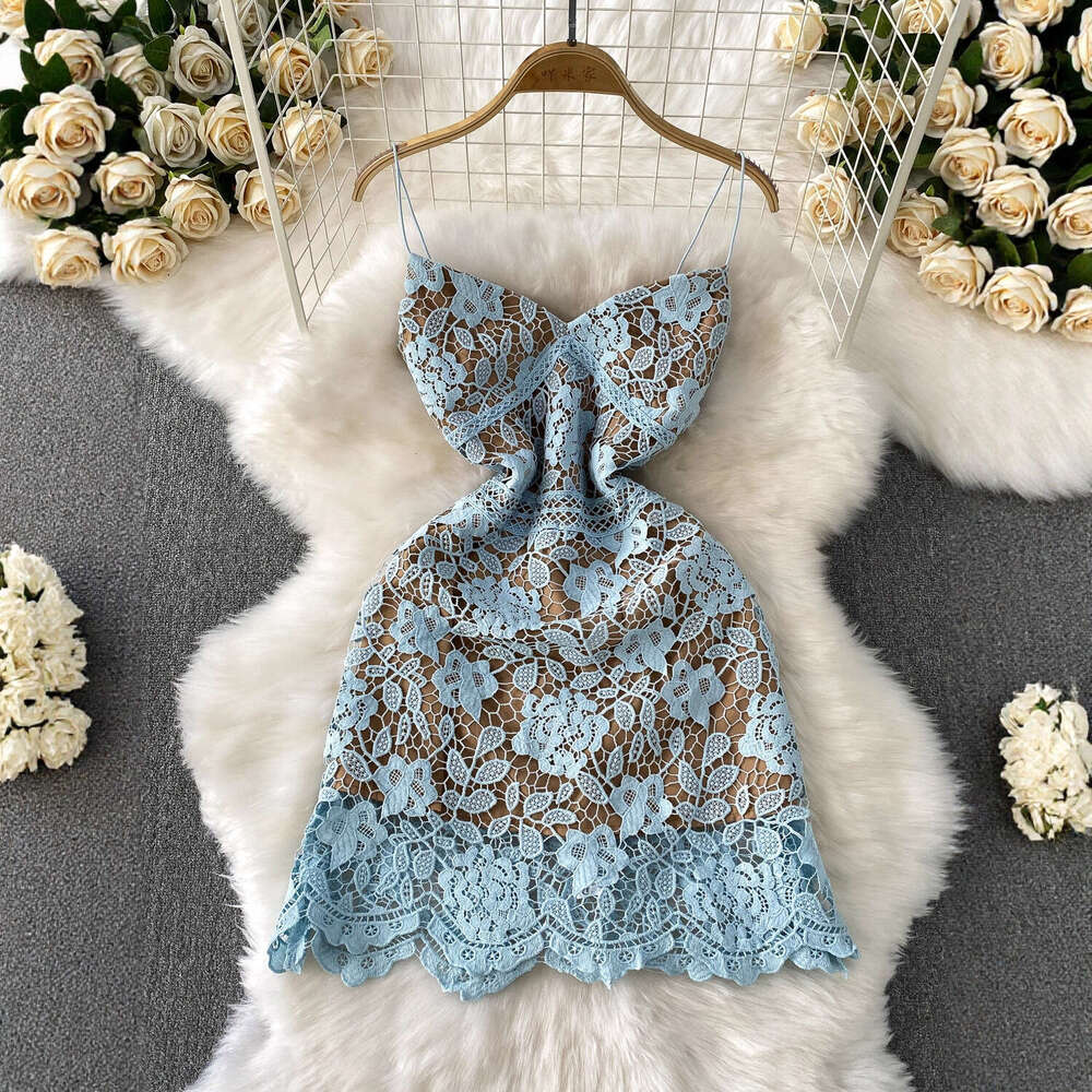 2026 high-end elegant water-soluble lace vest short skirt A12 two-piece set high waist slim fit elegant mesh half skirt