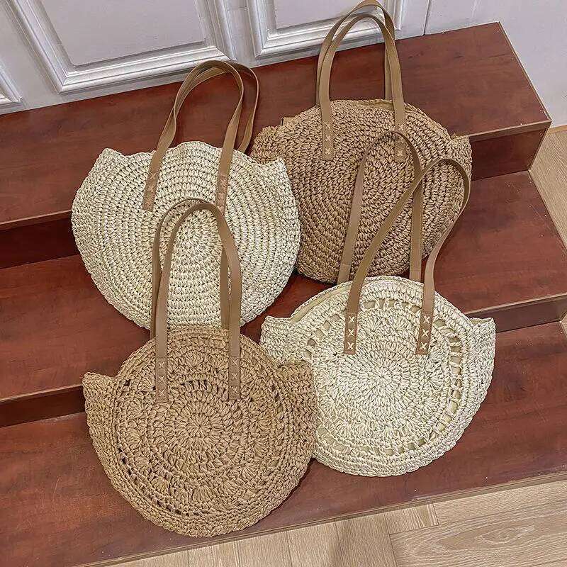 Summer Round Straw Bags for Women Rattan Shoulder Travel Handmade Woven Beach Handbags Female Large Capacity Totes Bag XJ260306