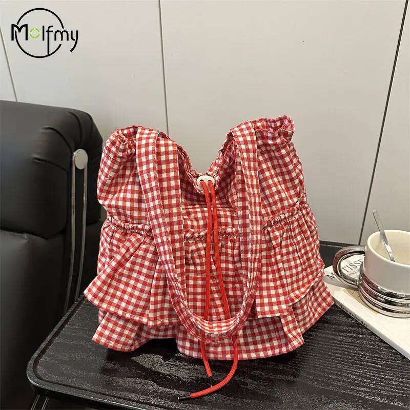Women's Tote Bag Ruffles Plaid Drawstring Handbag Women Fashion Canvas Shoulder BagsLarge Capacity Korean Bags Bolsos De Mujer XJ260306