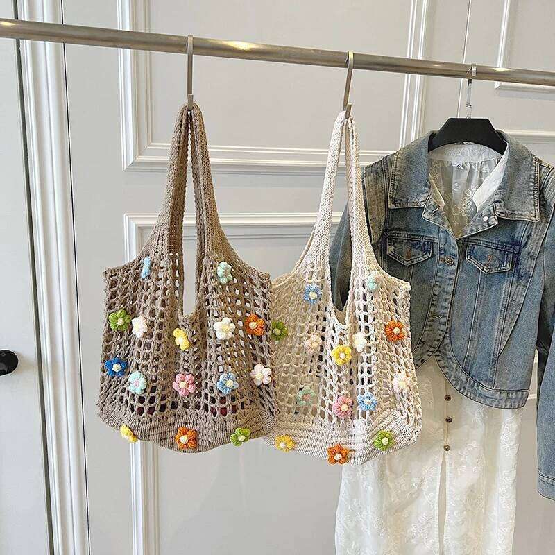 Women's Knitted Shoulder Bag Summer Pearl Handbag Ins Large Capacity Shopping Tote Woven Hollow Mesh Beach Bags Cool Girl XJ260306