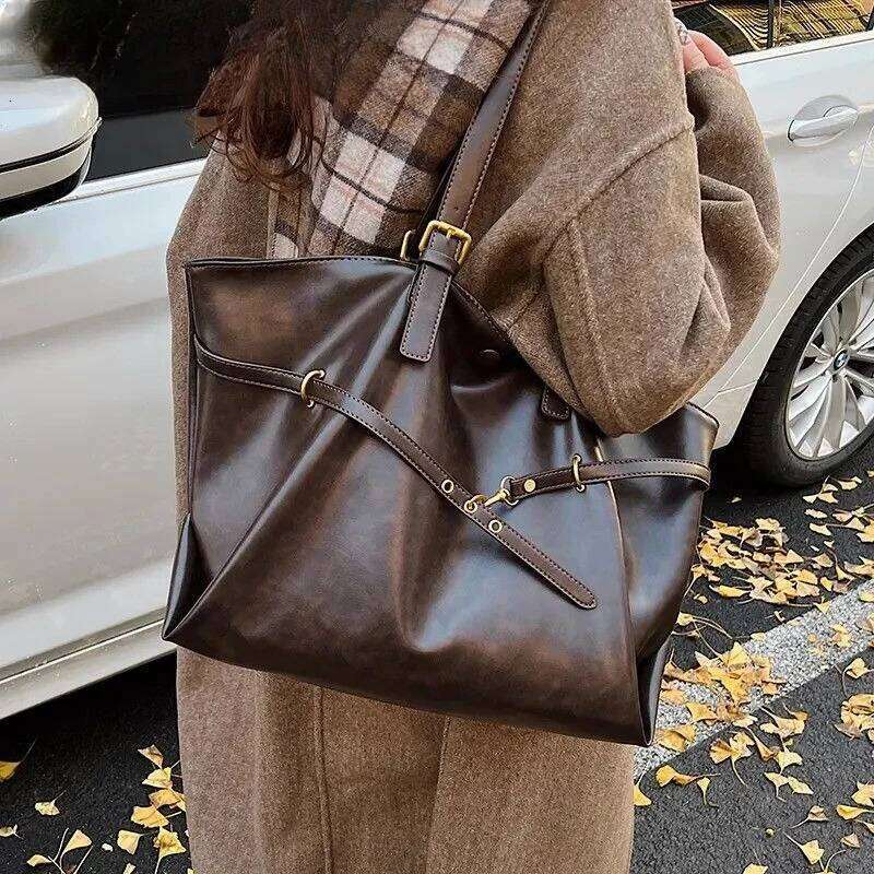 Korean Style Casual Solid Shoulder Vintage Large Capacity PU Leather Tote Bag Women Y2k Fashion Handbags Trend Underarm Bags XJ260306