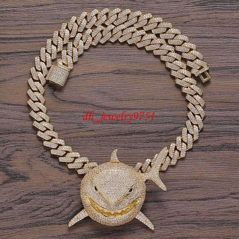 Moissanit Design Iced Out Shark Gemstone Pendant Hip Hop Fashion Gold Necklace Link Chain For Men Rapper Jewelry - view 5