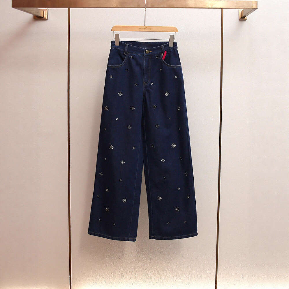 2026 Designer High end Women's Autumn New Era Shrink Bead Tank Top A-line Wide Leg Pants Cowboy Two Piece Set