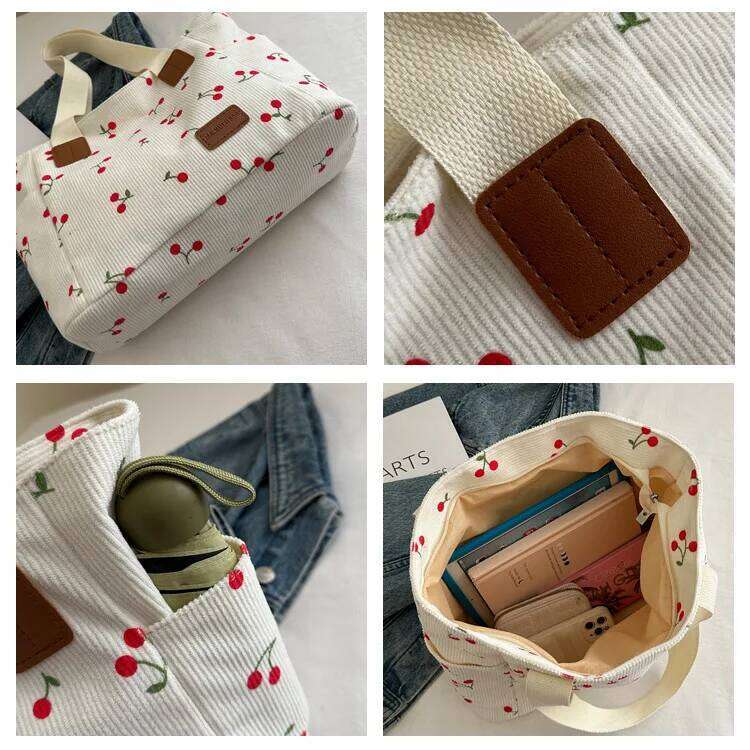 Simple Women's Corduroy Portable Shoulder Bag Cherry Print Ladies Casual Tote Bags Commuter Cute Female Shopping Handbags XJ260306