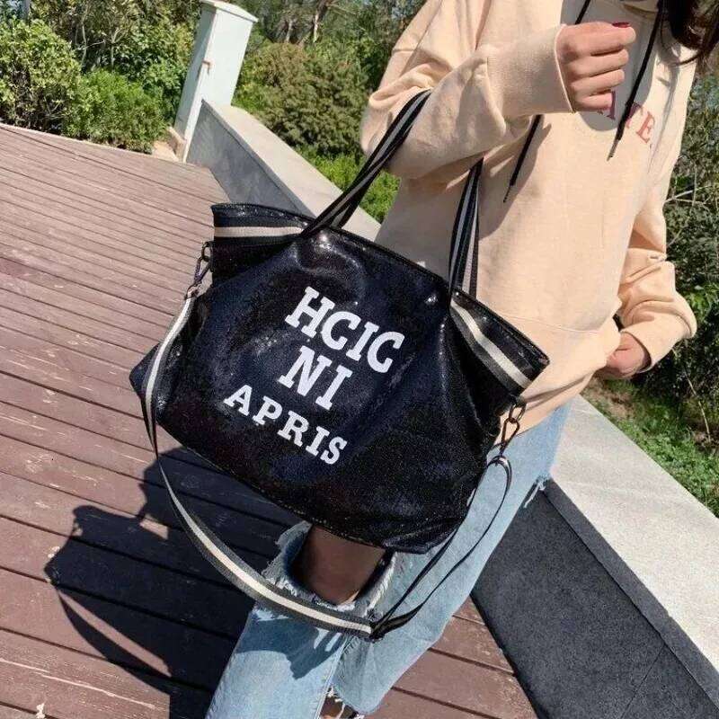 Fashionable Glitter Sequined Shoulder Bag, Large-capacity Women's Large Travel Handbag, Letter-printed Crossbody Bag XJ260306