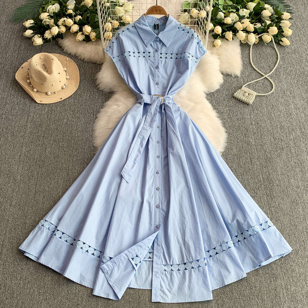 2026 Women's French Retro Style Lace Splicing Sleeveless Summer Button Waist A15 Slimming Dress with Wide Bottom