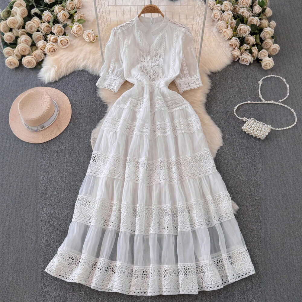 2026 French Spring/Summer Elegant Women's Dress, Unique Hollow Lace Splicing Bubble Sleeve Long Dress