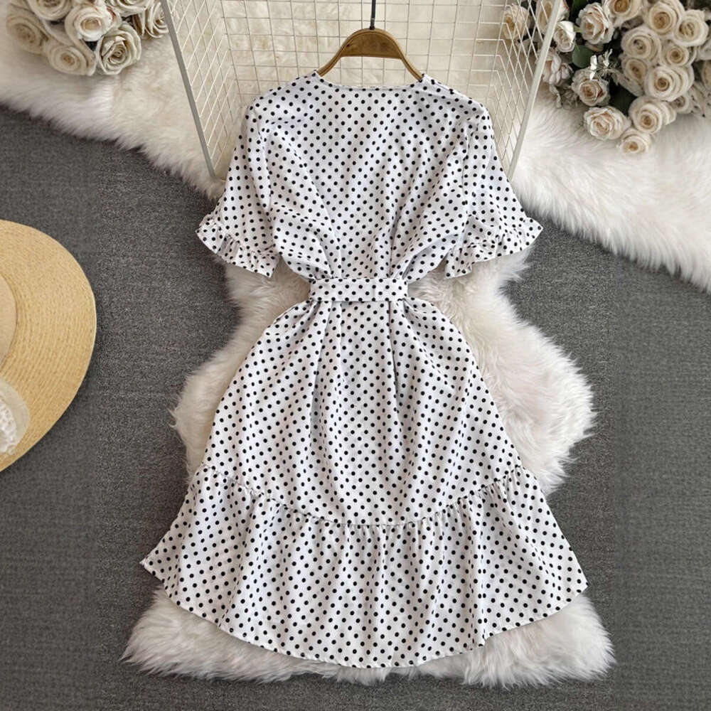 2026 Designer Elegant Women's Short sleeved V-neck Slimming Strap up Single breasted A-line Folded Wave Point Dress