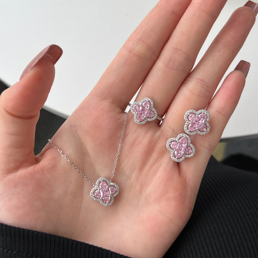 designer New S925 Sterling Silver Necklace Ring Earrings for Women Full Diamond Zircon Yellow Diamond Four-Leaf Clover Jewelry