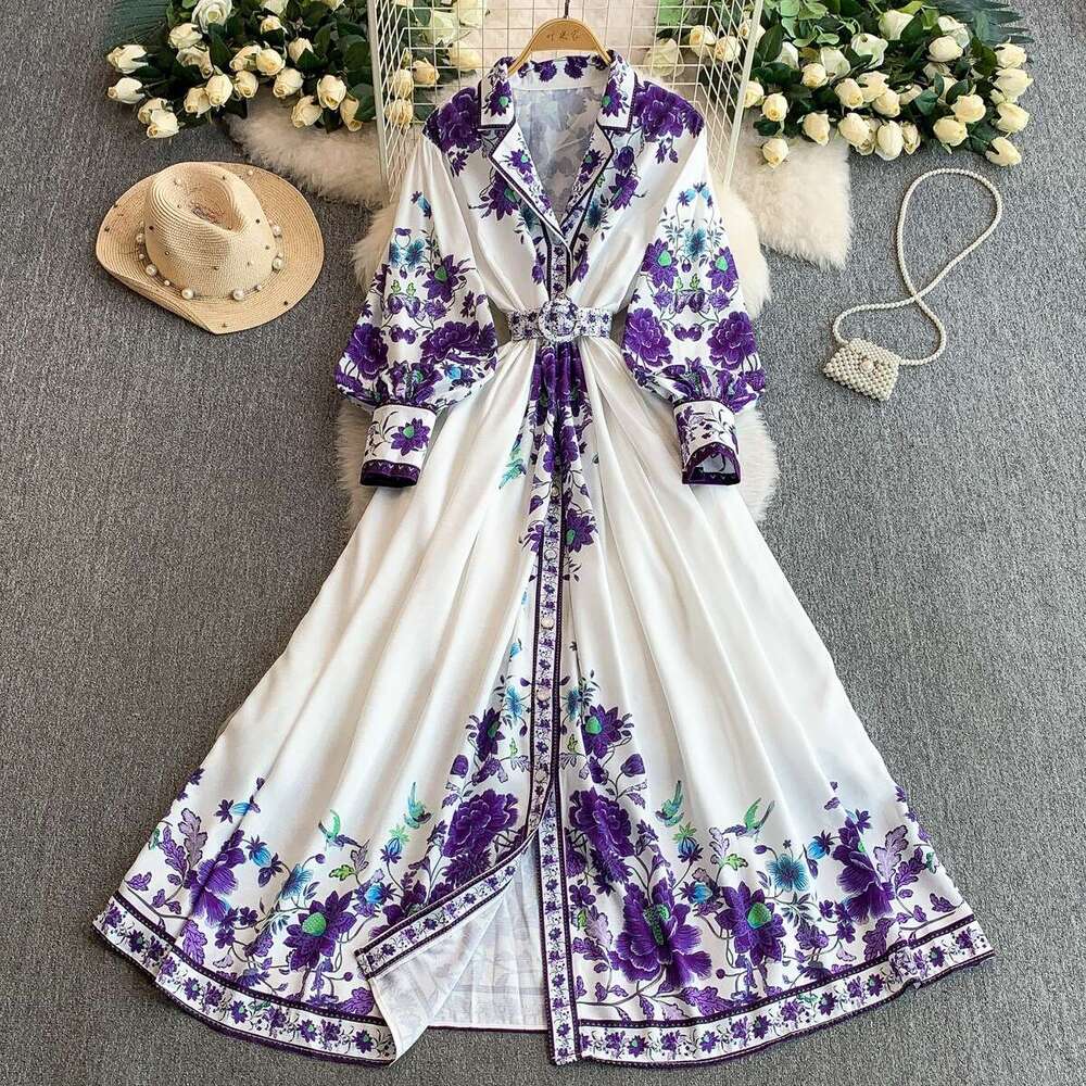 French retro printed dress for women, standing collar with lantern sleeves, spring and autumn with A12 pearl buttons, tie waist, slim fit effect, big 