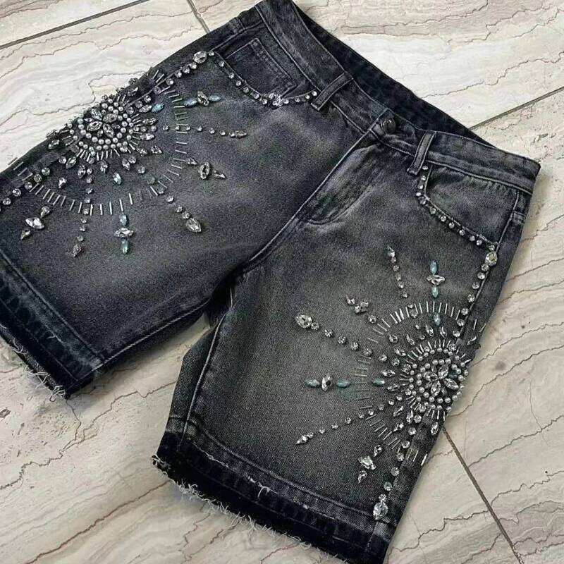 Luxury Women Flowers Diamonds Beaded Denim Shorts Summer Jeans Short Rhinestones Pants Streetwear Crystal Cowboy Trousers XJ260306
