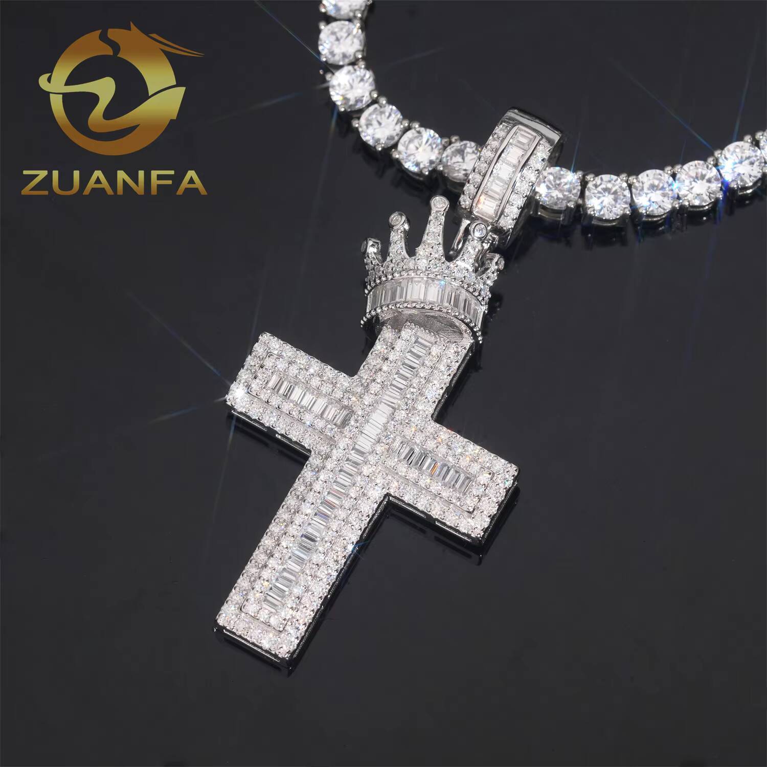 925 Silver Hip Hop Jewelry Iced Out Cross Pendant with Crown VVS Moissanite Diamond Pendant Charm Pass Diamond Tester