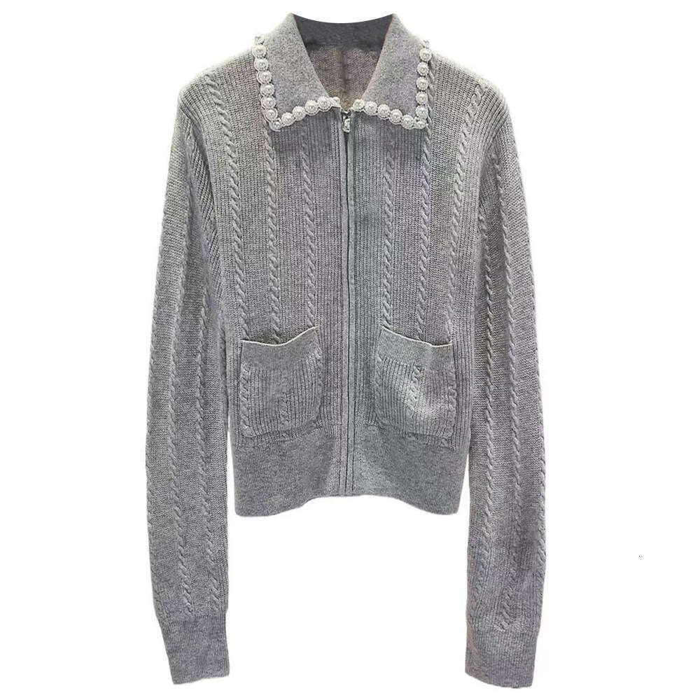 2026 autumn and winter new women's pearl embellished lapel gray elegant temperament commuting short knitted cardigan